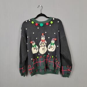 Vintage Christopher & Banks Snowman Ugly Christmas Sweater Bells Pom Poms